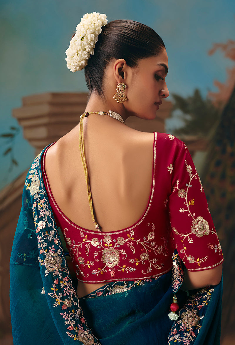 Teal Blue Fancy Fabric Saree with Elegant Embroidered Work