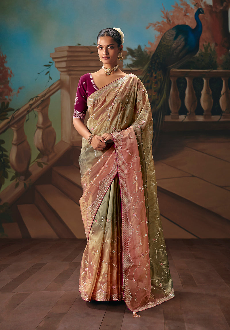 Multicolor fancy fabric saree with intricate embroidery work and elegant drape