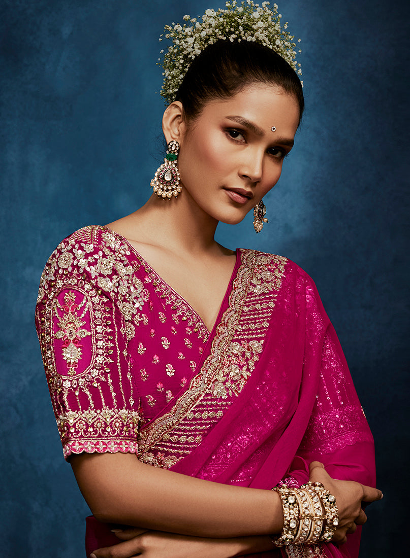 Rani Pink Embroidered Saree with Stitched Blouse