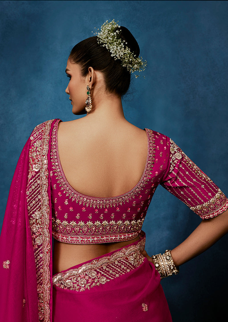 Rani Pink Embroidered Saree with Stitched Blouse