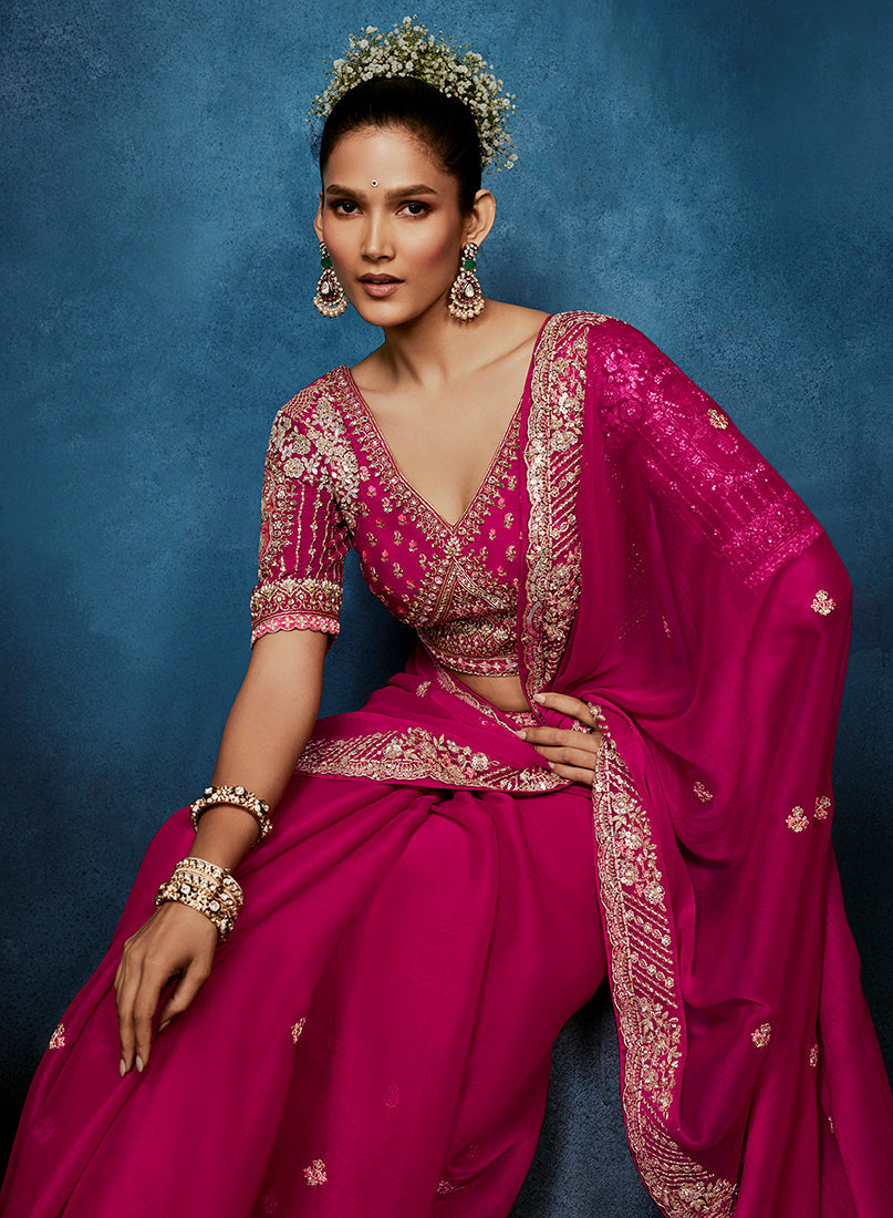 Rani Pink Embroidered Saree with Stitched Blouse