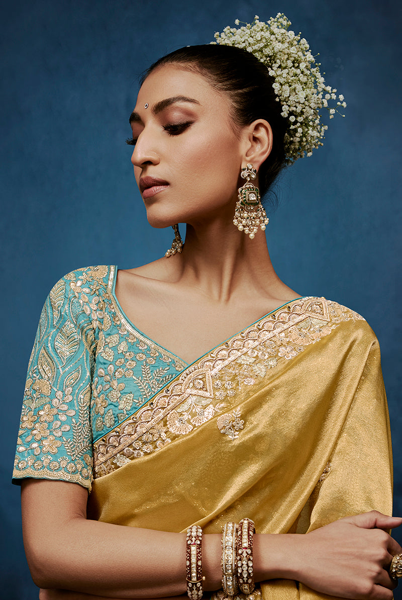 Gold Fancy Fabric Embroidered Saree with Stitched Blouse