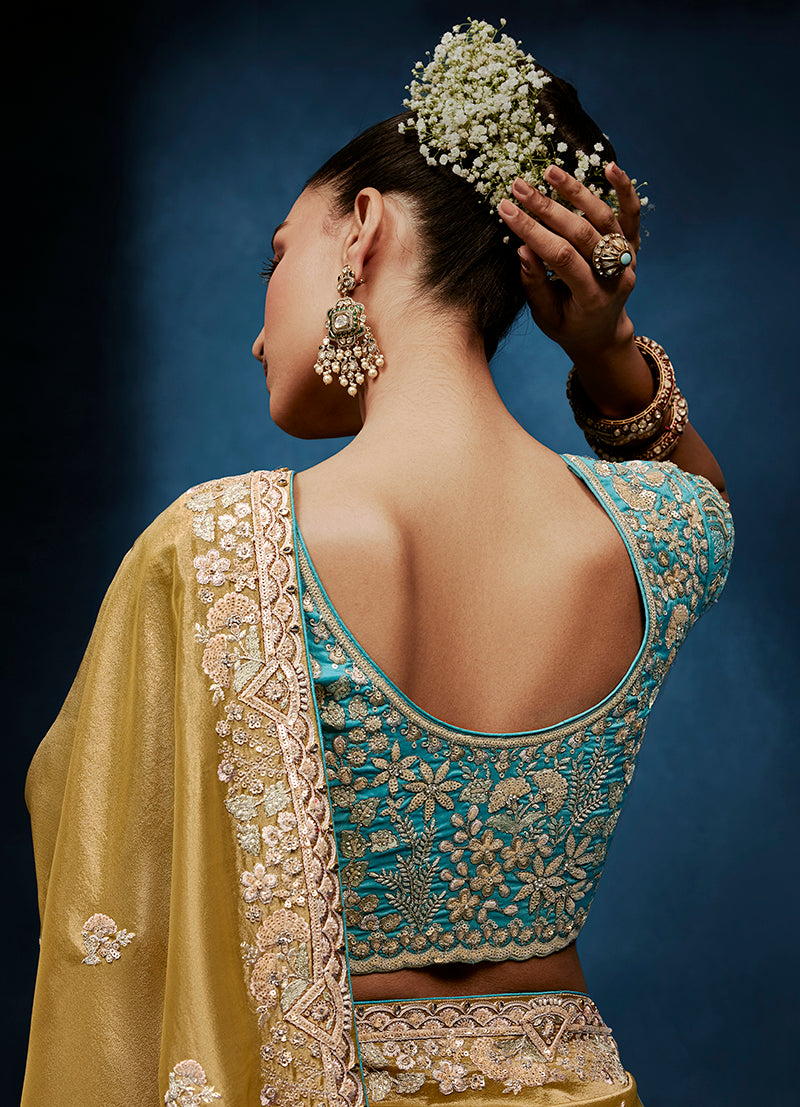 Gold Fancy Fabric Embroidered Saree with Stitched Blouse