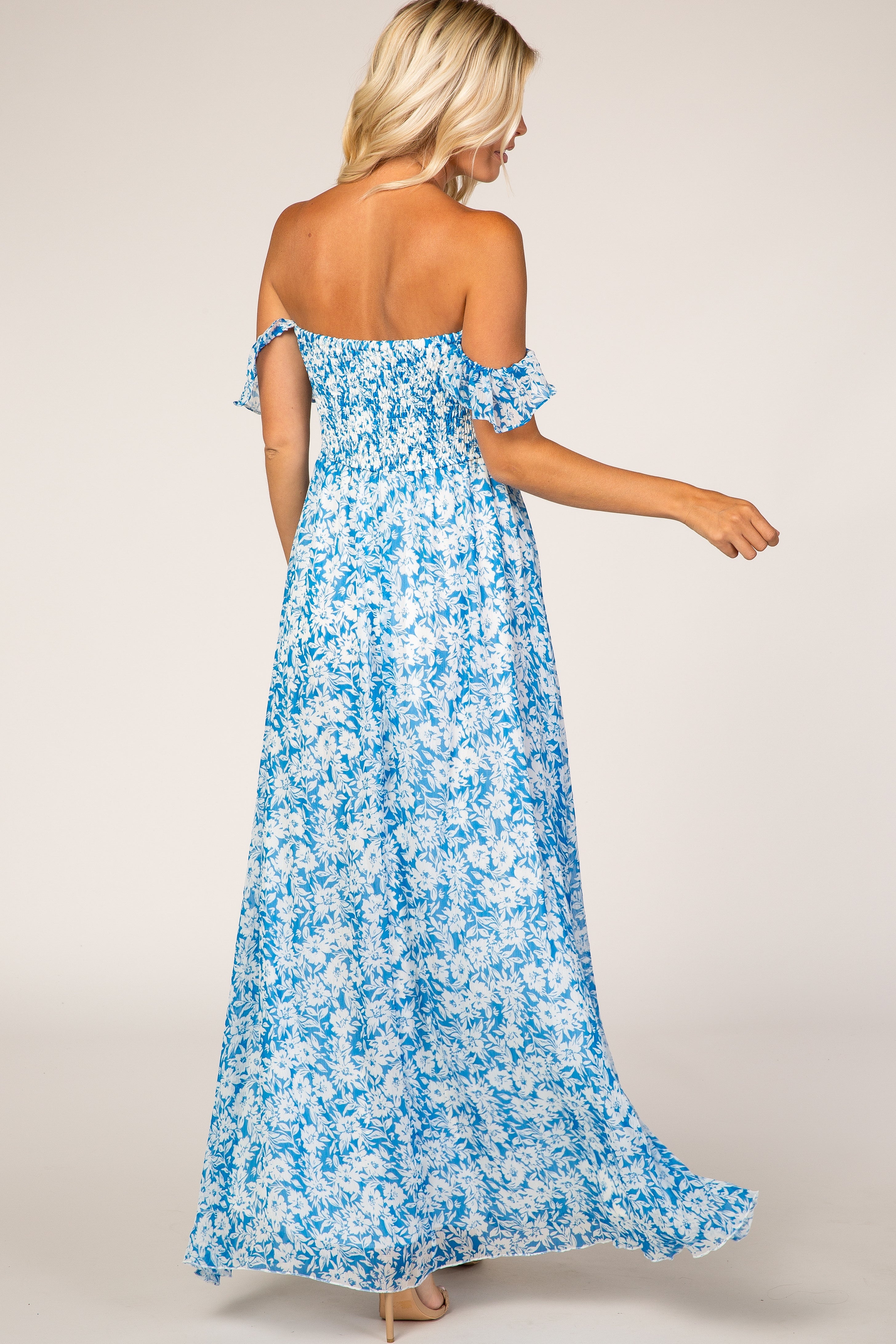 Blue Floral Flutter Sleeve Maxi Dress