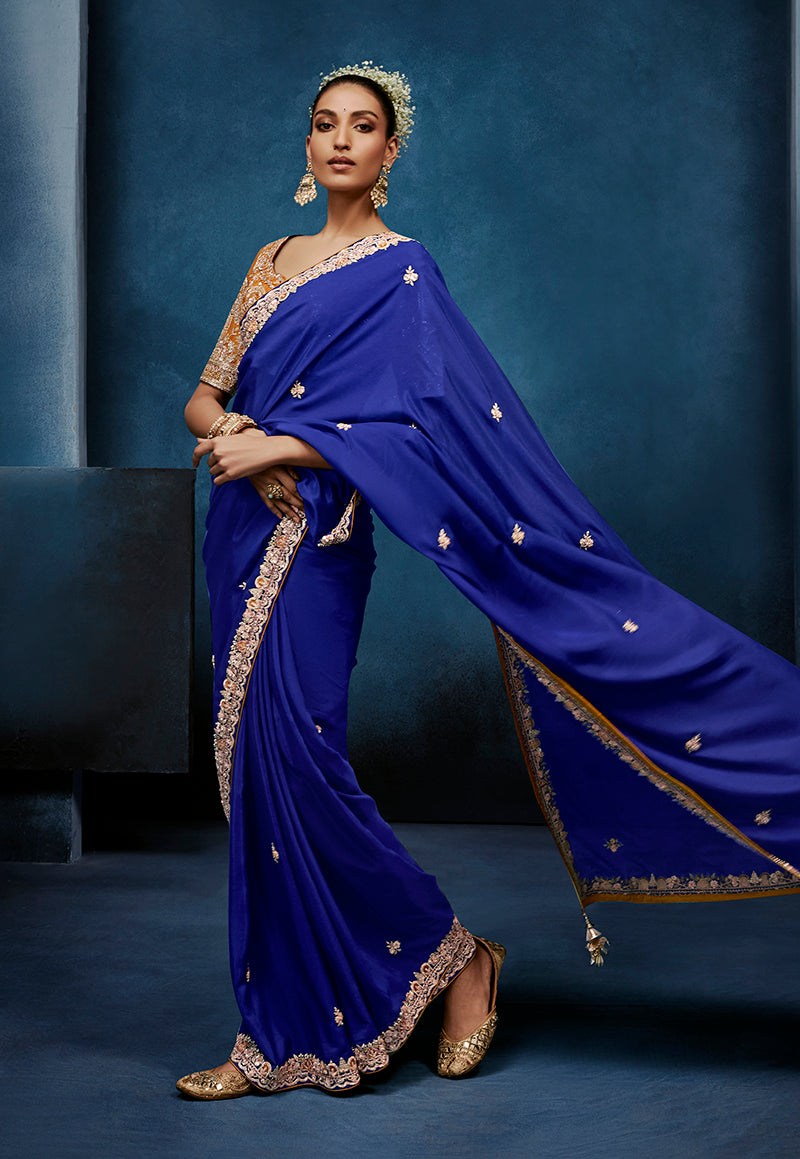 Royal Blue Fancy Fabric Embroidered Saree with Stitched Blouse