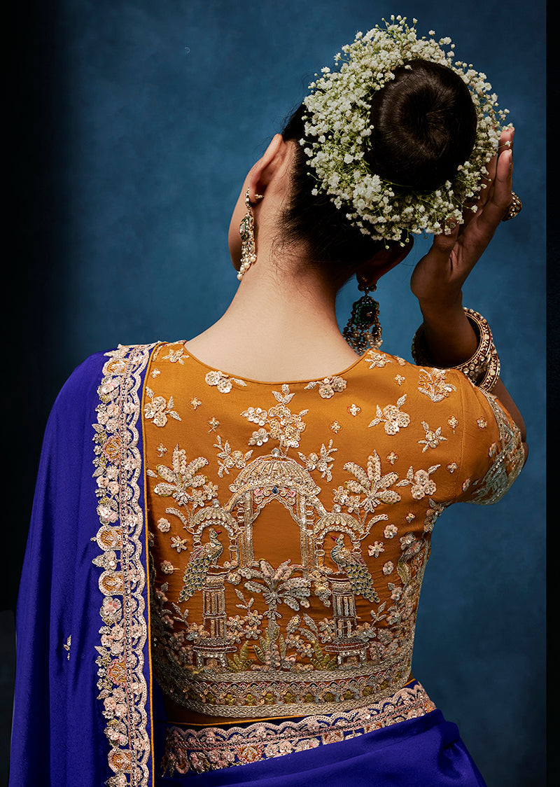 Royal Blue Fancy Fabric Embroidered Saree with Stitched Blouse