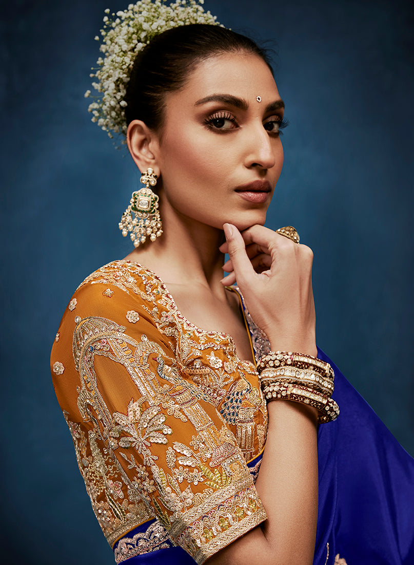 Royal Blue Fancy Fabric Embroidered Saree with Stitched Blouse