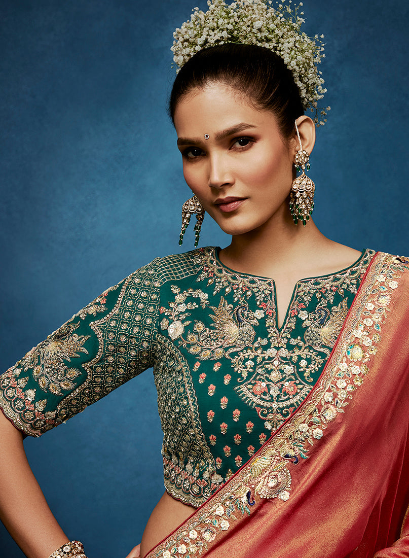 Rust Fancy Fabric Embroidered Saree with Stitched Blouse