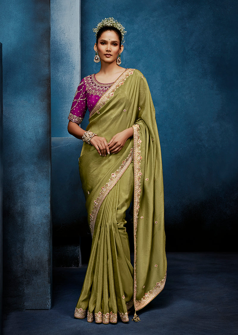 Light green fancy fabric embroidered saree paired with a matching stitched blouse.