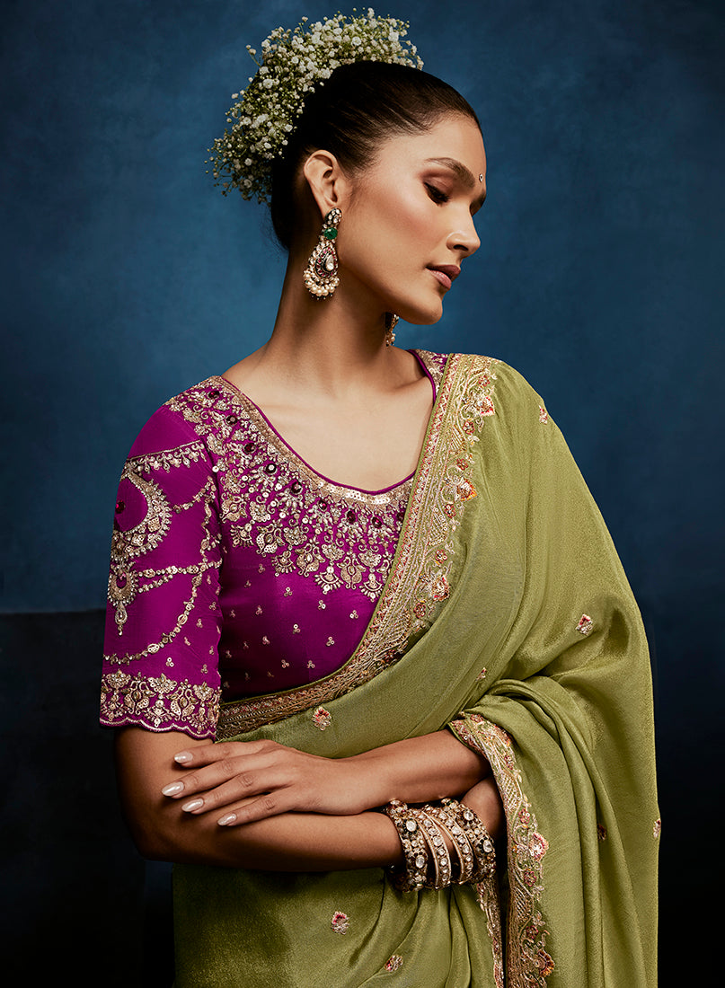 Light Green Fancy Fabric Embroidered Saree with Stitched Blouse