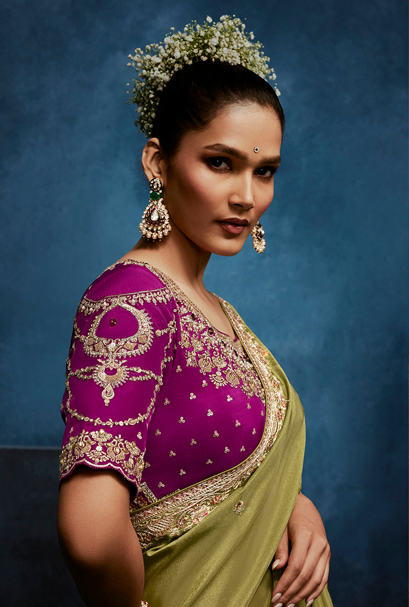 Light Green Fancy Fabric Embroidered Saree with Stitched Blouse