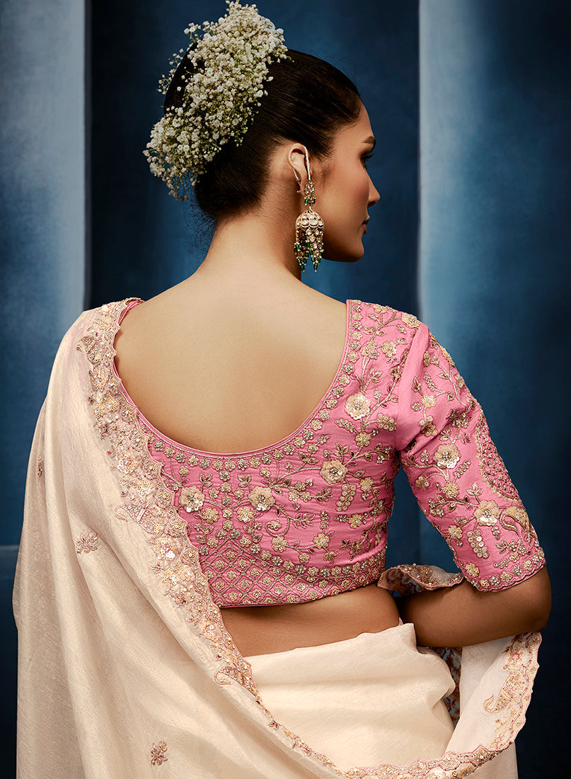 Cream Fancy Fabric Embroidered Saree With Stitched Blouse