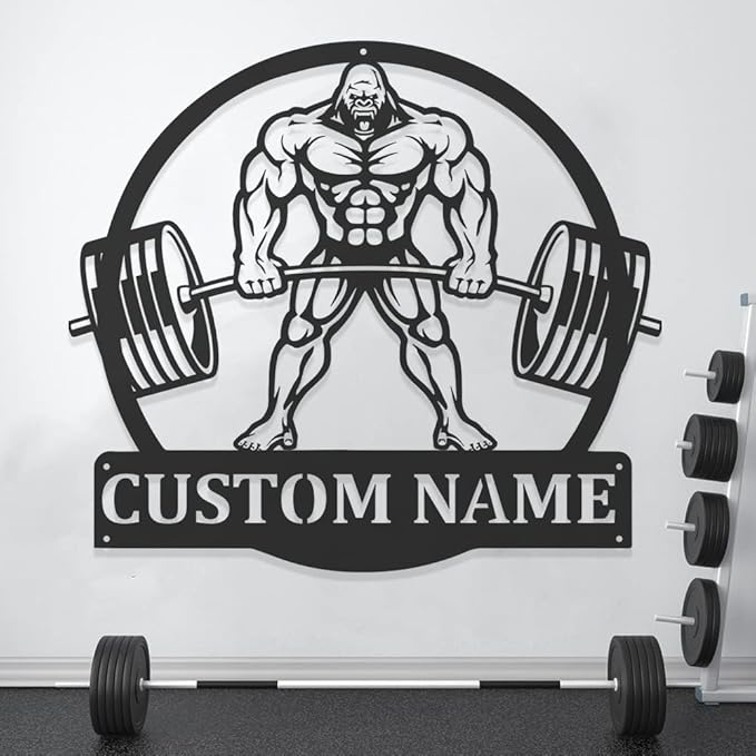 Personalized Gym Metal Wall Art Custom Name Workout Room Decor, Fitness Center Motivational Garage Sign, Powerlifting Home Gift for Women, Men, Dad, Papa, Grandpa, Mother, Sister, Girls, Family
