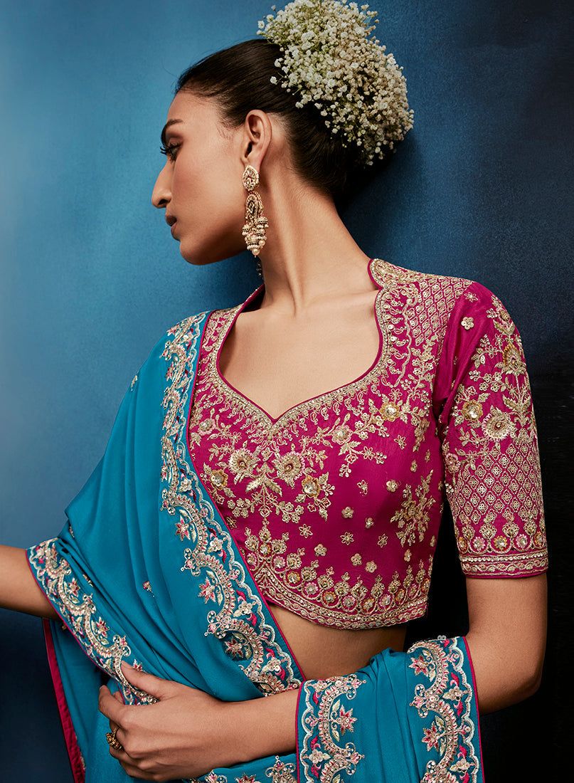 Aqua Blue Fancy Fabric Embroidered Saree with Stitched Blouse