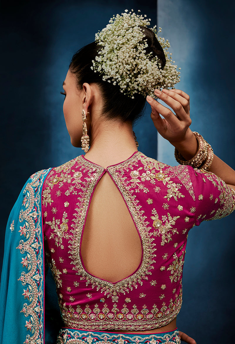 Aqua Blue Fancy Fabric Embroidered Saree with Stitched Blouse
