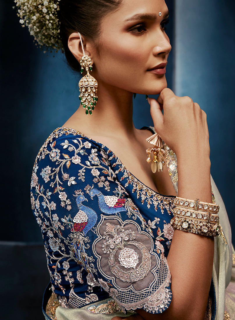 Light Grey Embroidered Fancy Saree with Stitched Blouse