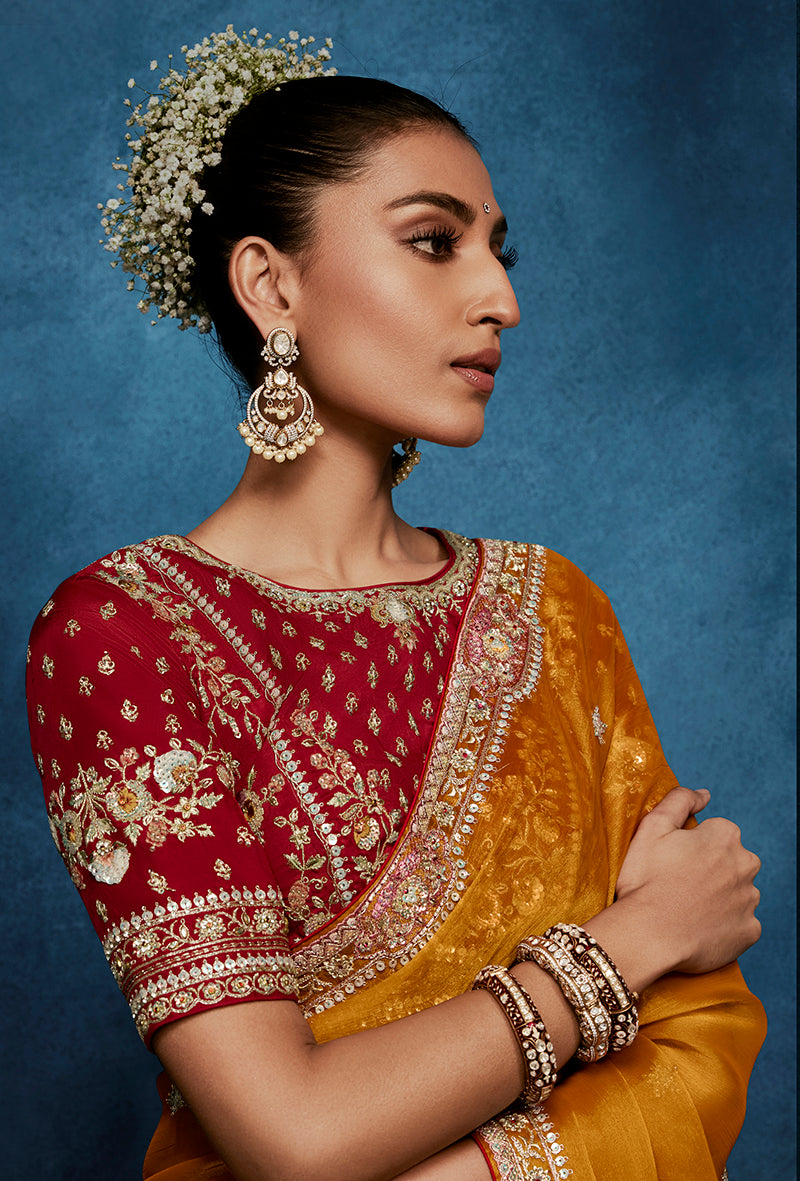 Orange Embroidered Fancy Fabric Saree with Stitched Blouse