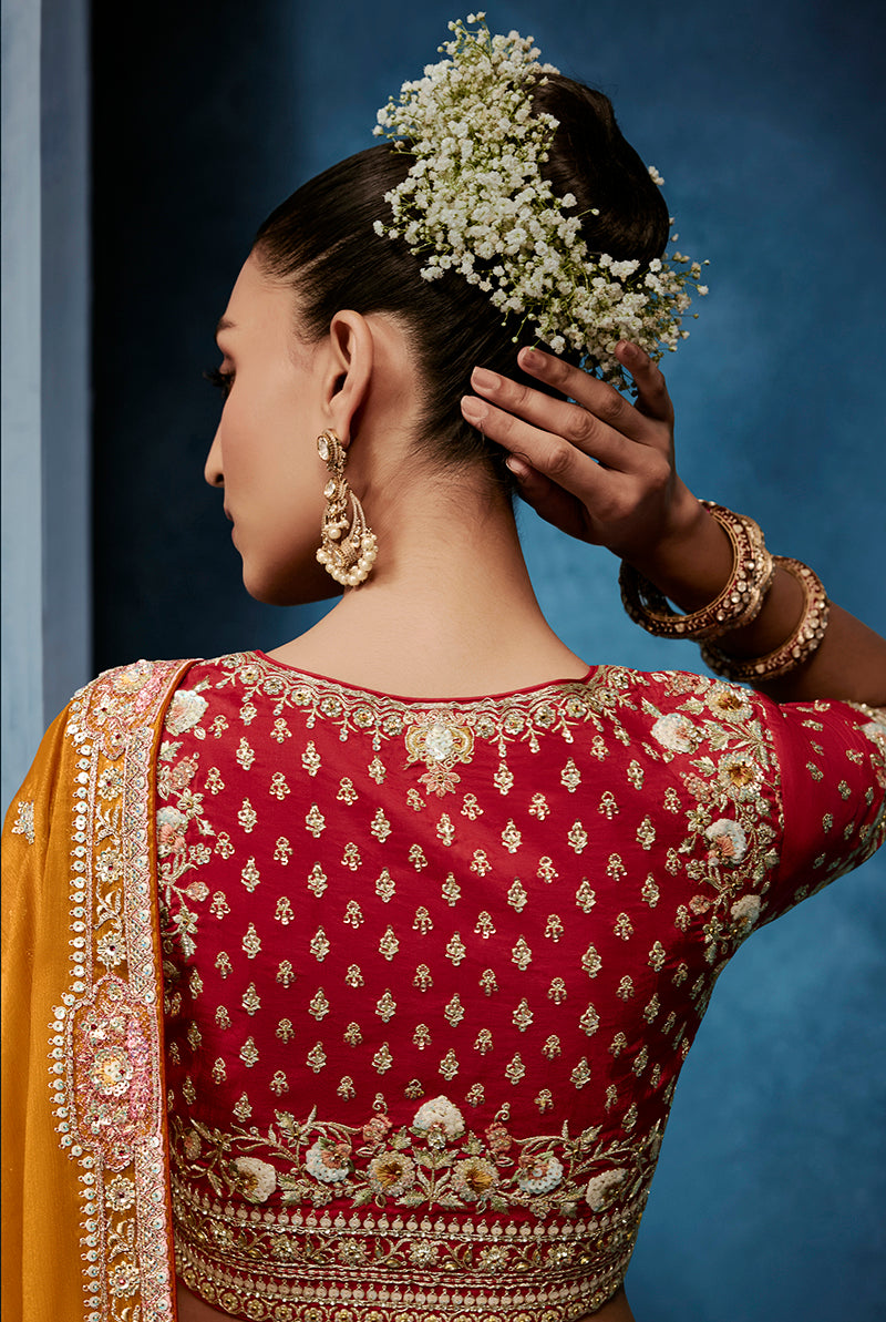 Orange Embroidered Fancy Fabric Saree with Stitched Blouse