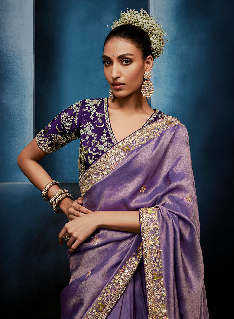 Lavender Fancy Fabric Embroidered Saree with Stitched Blouse