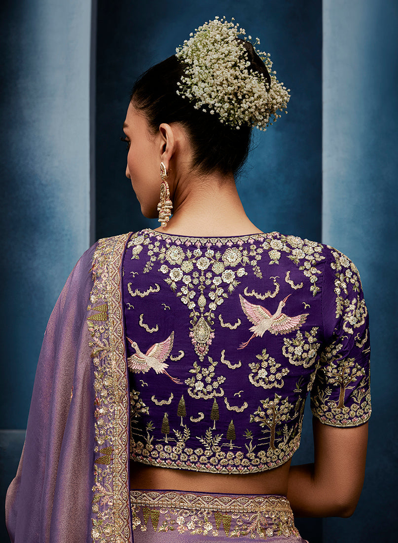 Lavender Fancy Fabric Embroidered Saree with Stitched Blouse