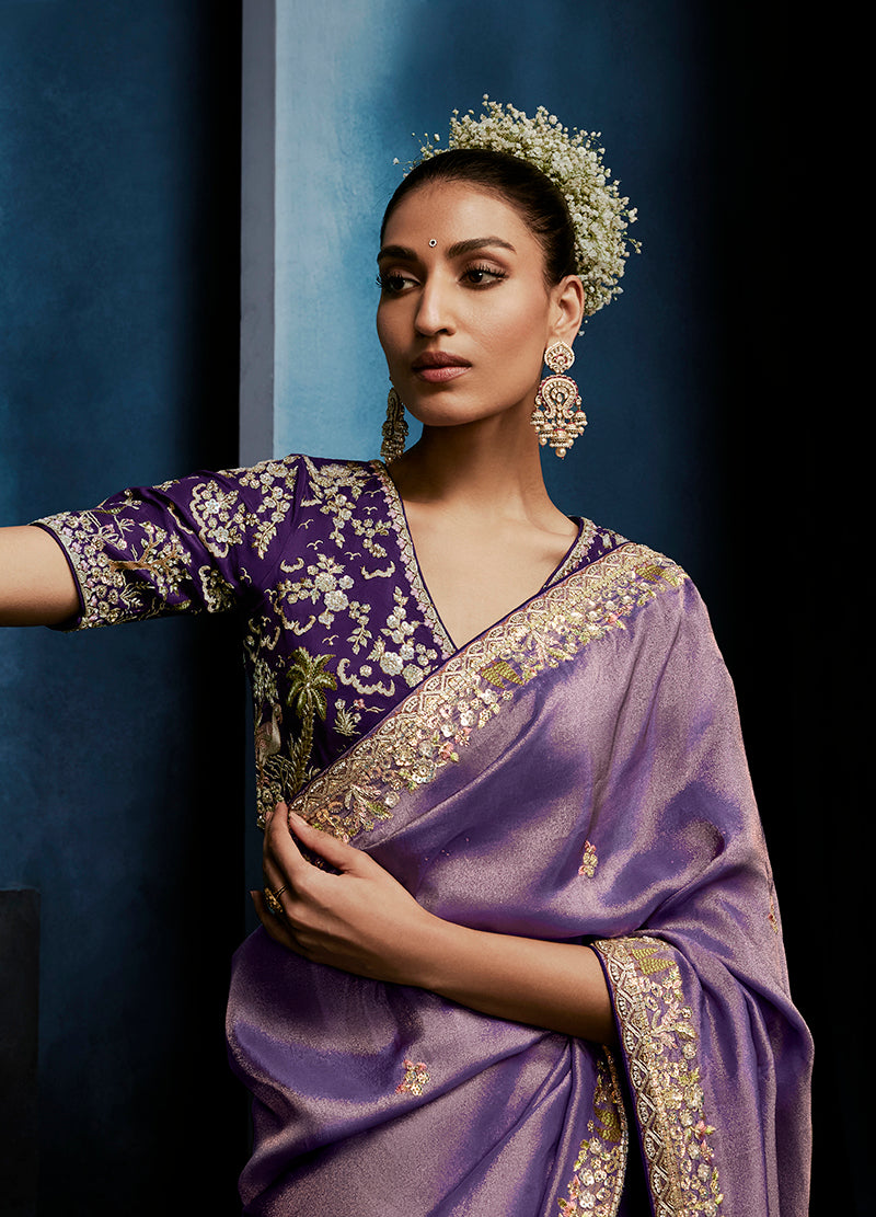 Lavender Fancy Fabric Embroidered Saree with Stitched Blouse