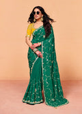 Teal green faux organza satin saree with elegant embroidery detail