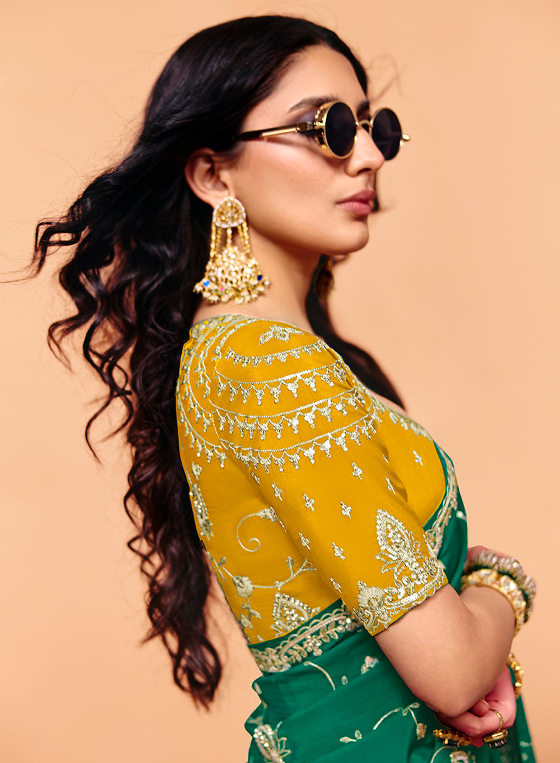 Teal Green Faux Organza Satin Saree with Embroidery