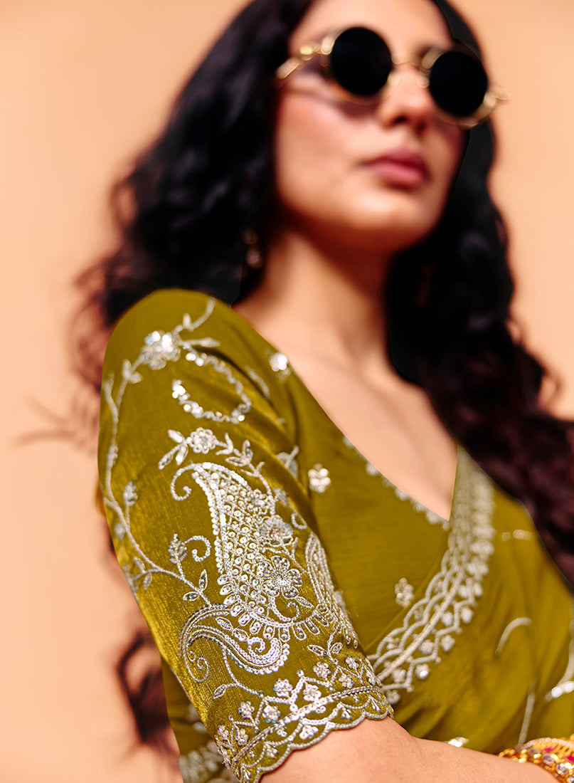 Olive Green Faux Organza Satin Saree with Elegant Embroidery