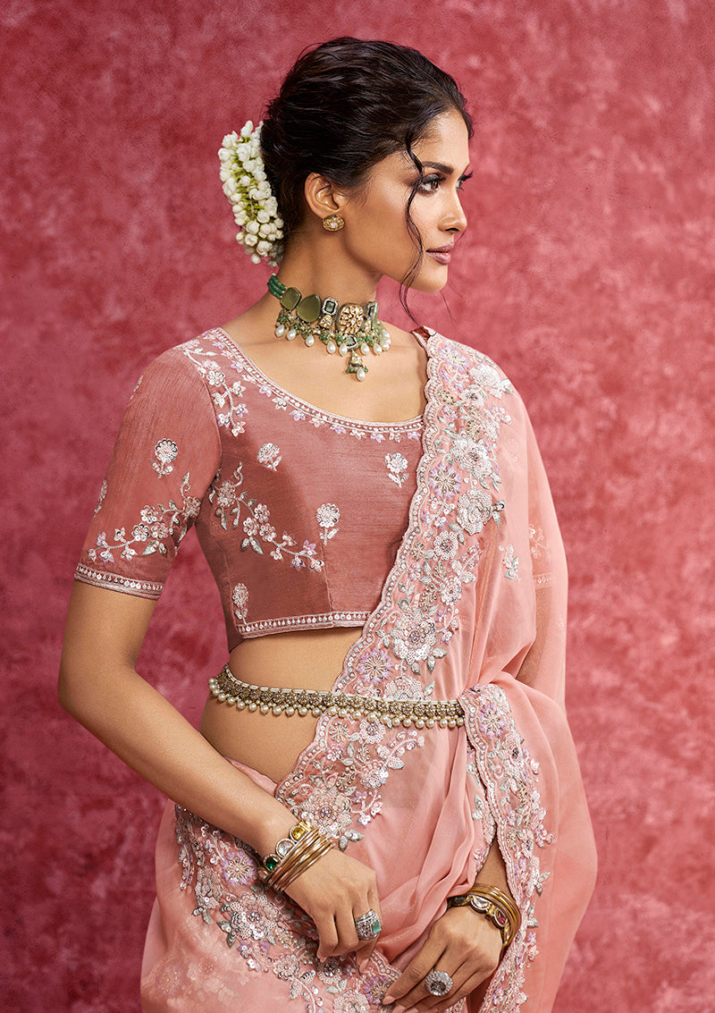 Peach Satin Silk Saree with Sequins and Thread Embroidery