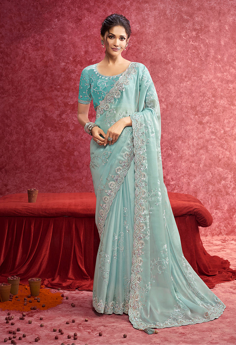 Sky Blue satin silk saree with sequins, embroidery, and scalloped lace border