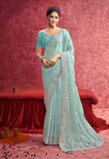 Sky Blue satin silk saree with sequins, embroidery, and scalloped lace border