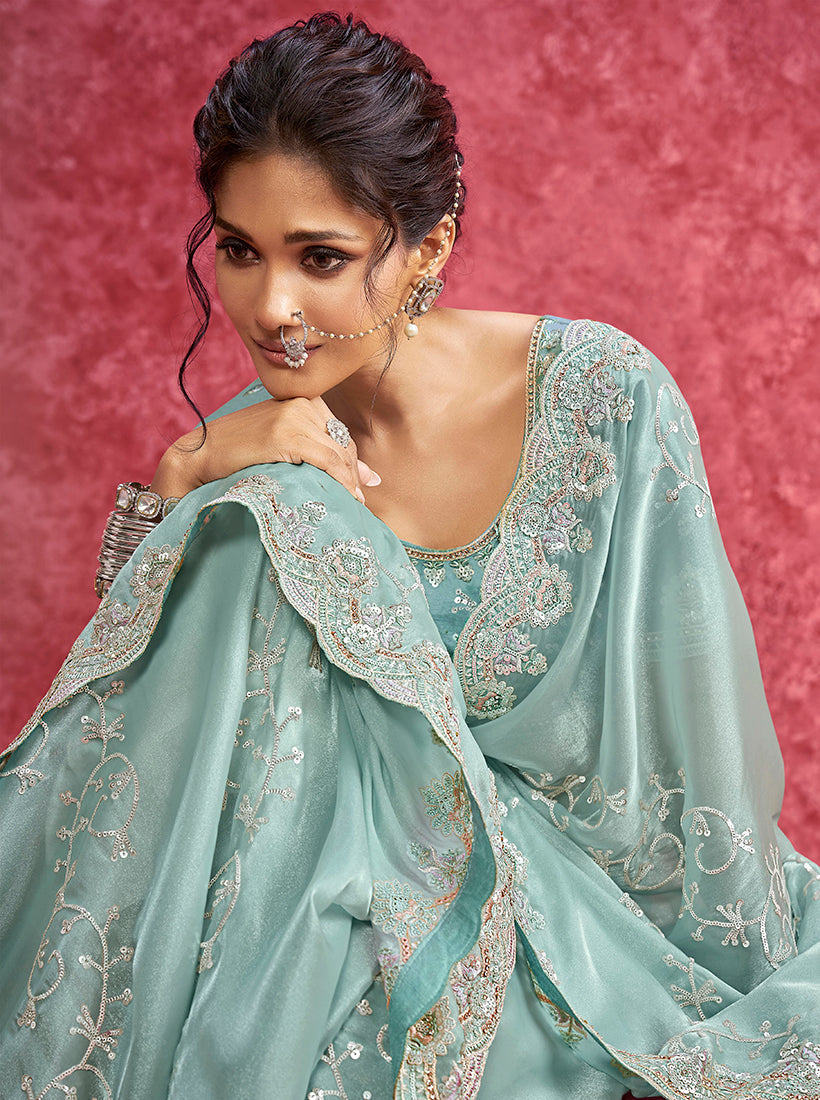 Sky Blue Satin Silk Embroidered Saree with Scalloped Lace