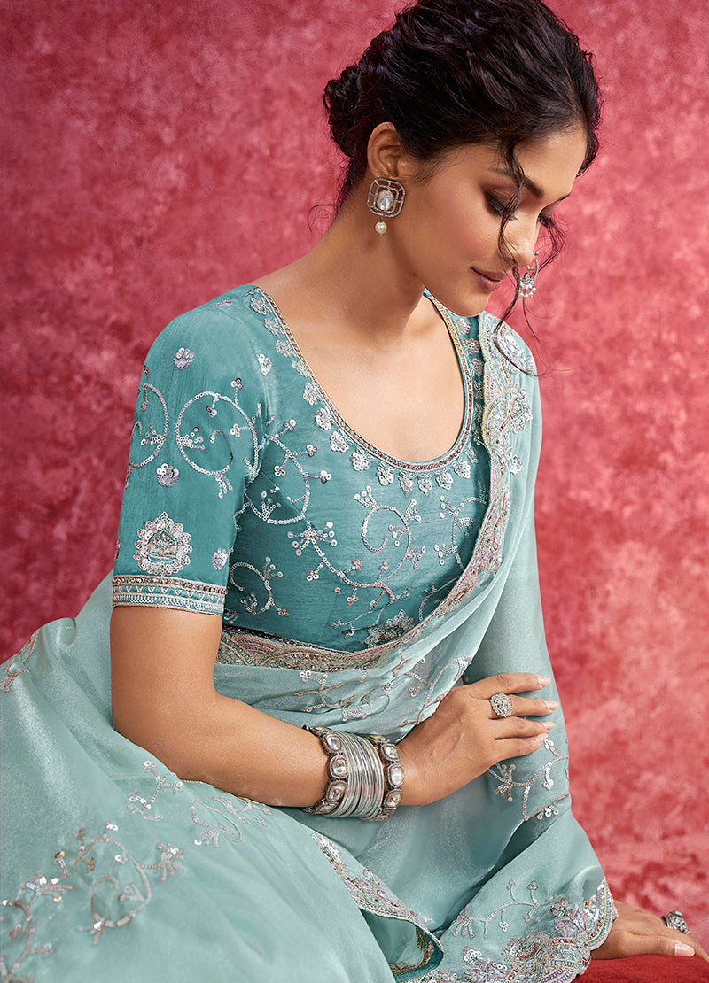 Sky Blue Satin Silk Embroidered Saree with Scalloped Lace