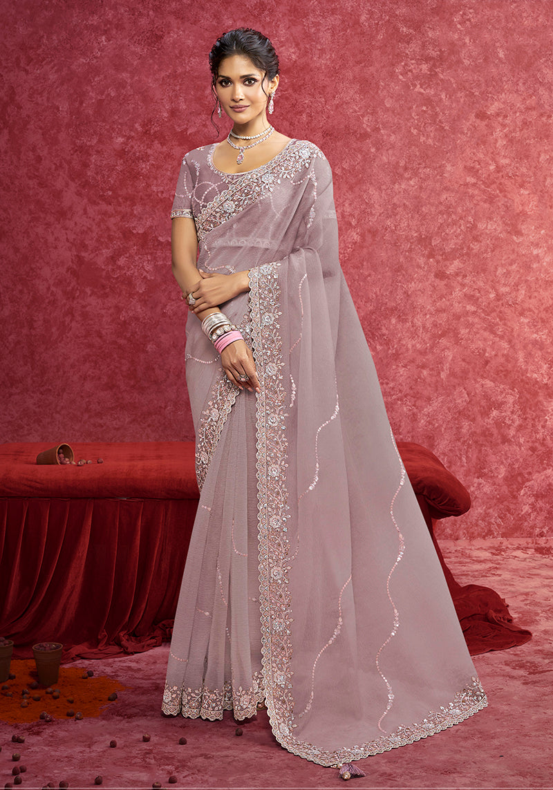 Lavender Crush Silk Blend saree featuring intricate thread and zari embroidery
