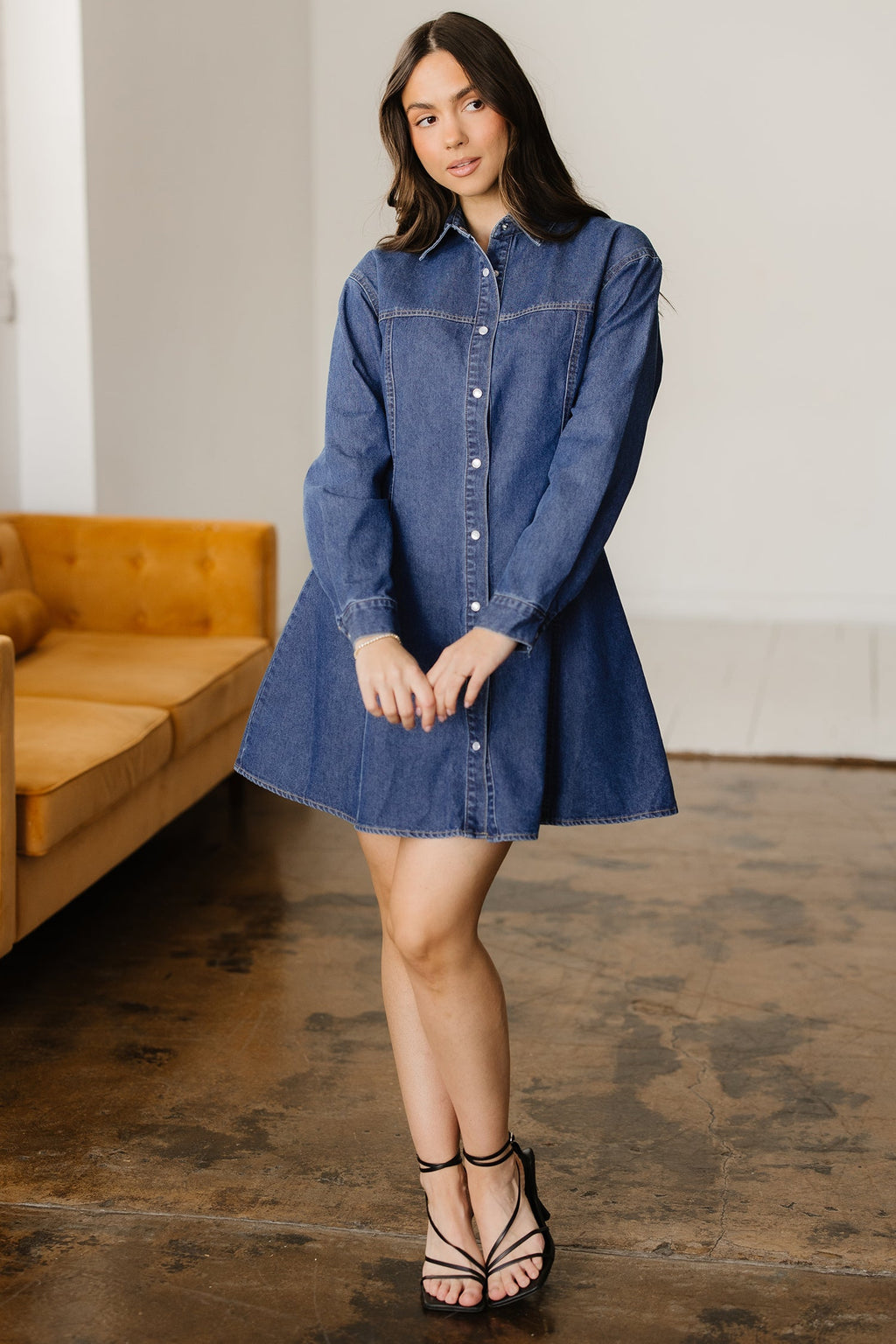 Zoe Long Sleeve Denim Flared Mini Dress in Classic Blue - Image 4