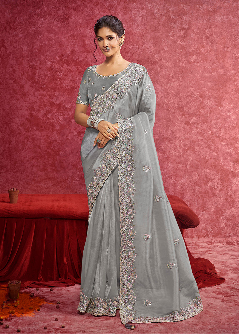 Grey silk blend saree with sequin embroidery and scalloped lace border