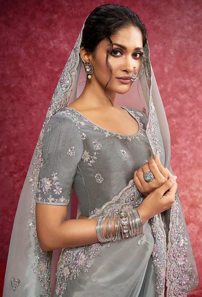 Grey Silk Blend Saree with Sequin and Zari Embroidery