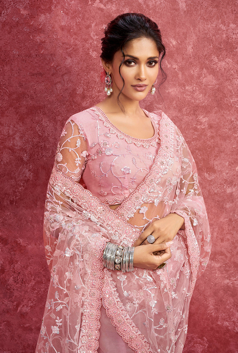 Pink Net Saree with Sequins and Zari Embroidered Scalloped Border