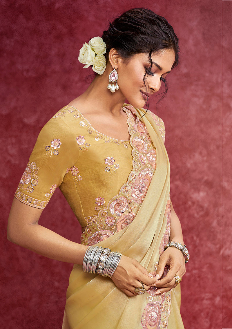 Pastel Yellow Satin Silk Saree with Intricate Embroidery