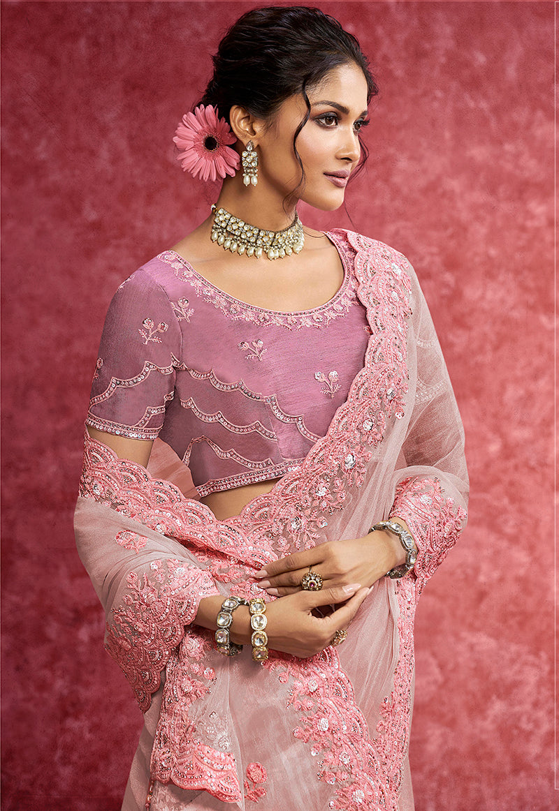 Baby Pink Faux Tissue Embroidered Saree for Special Occasions