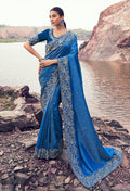 Royal blue satin silk saree with heavy sequin and khatli embroidery