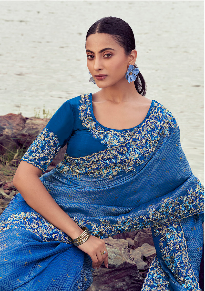 Royal Blue Embroidered Satin Silk Saree with Khatli and Sequins