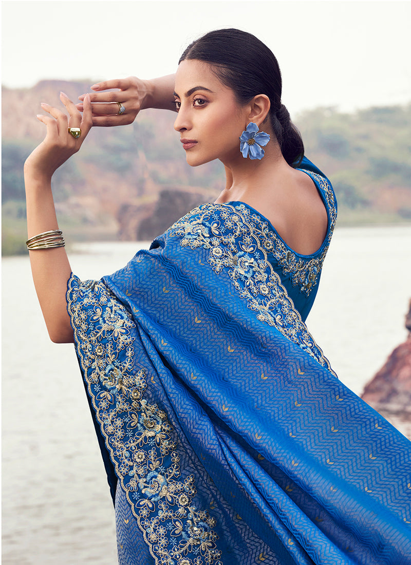 Royal Blue Embroidered Satin Silk Saree with Khatli and Sequins
