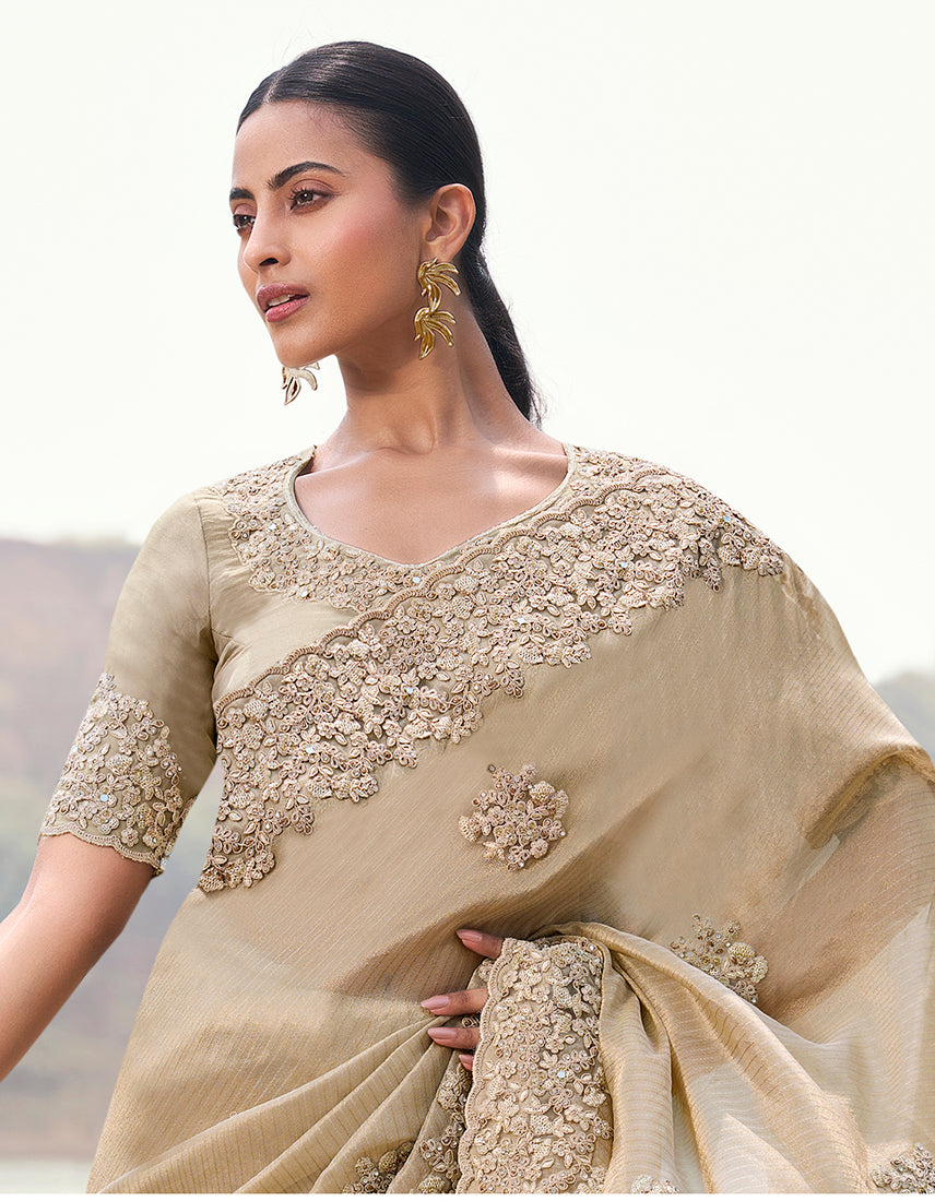 Beige Embroidered Woven Faux Tissue Silk Saree