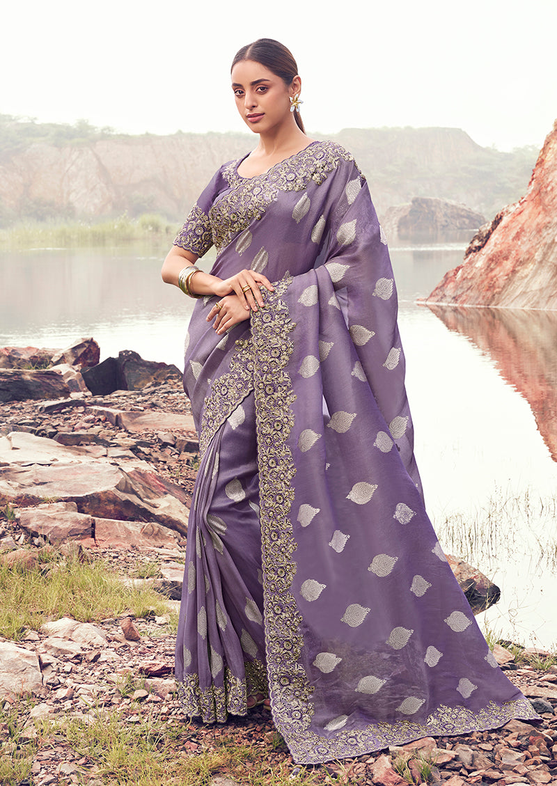 Lavender purple faux tissue silk saree with detailed sequin and khatli embroidery