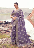 Lavender purple faux tissue silk saree with detailed sequin and khatli embroidery