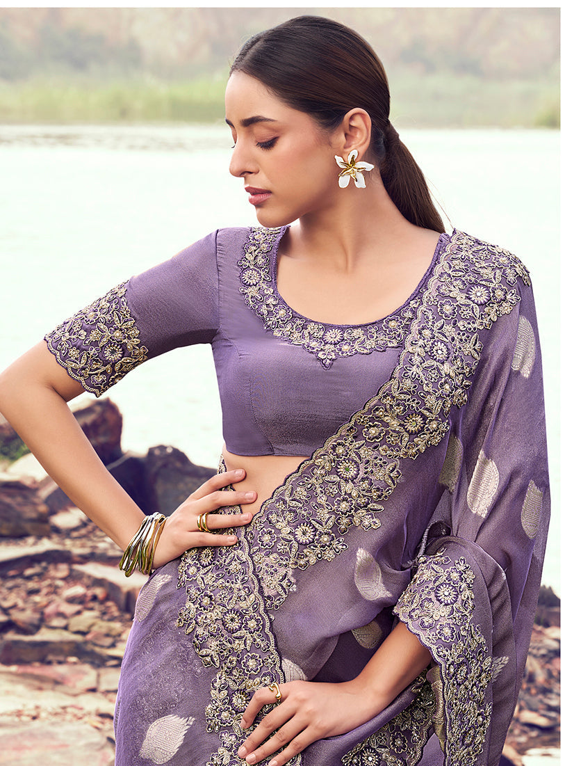 Lavender Purple Embroidered Faux Tissue Silk Saree with Sequins