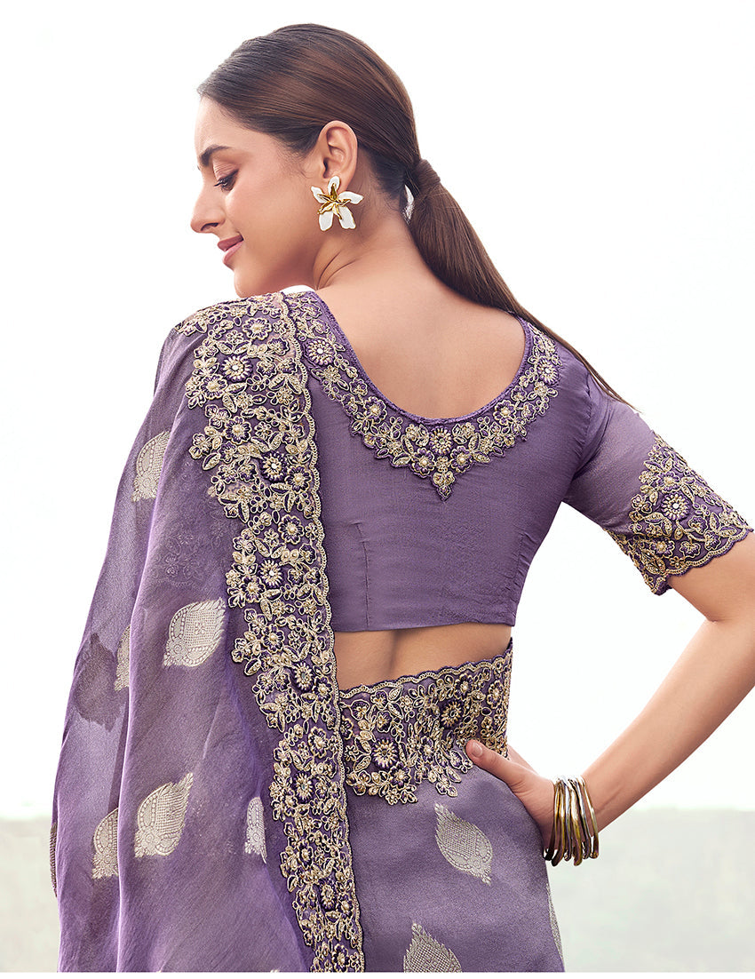 Lavender Purple Embroidered Faux Tissue Silk Saree with Sequins
