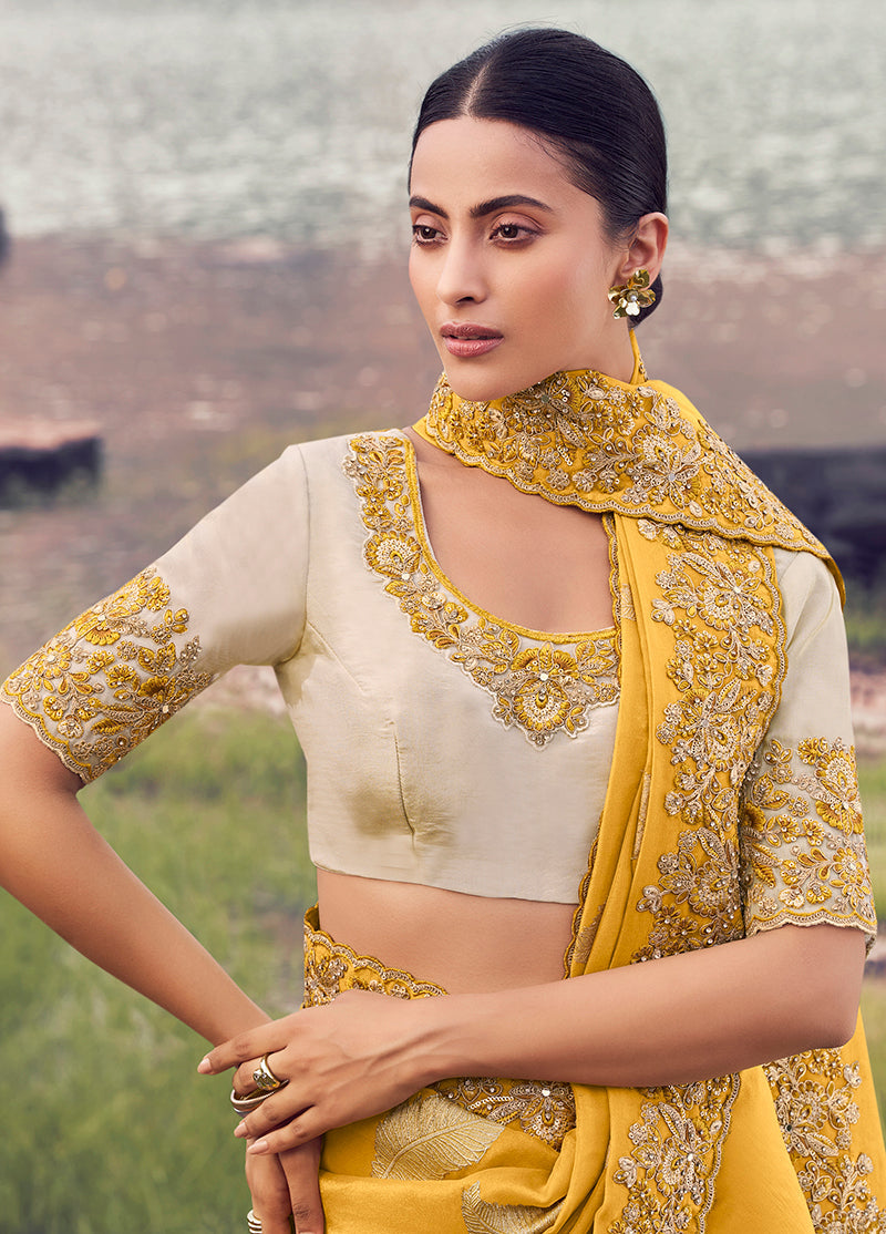 Yellow Embroidered Woven Faux Tissue Silk Saree