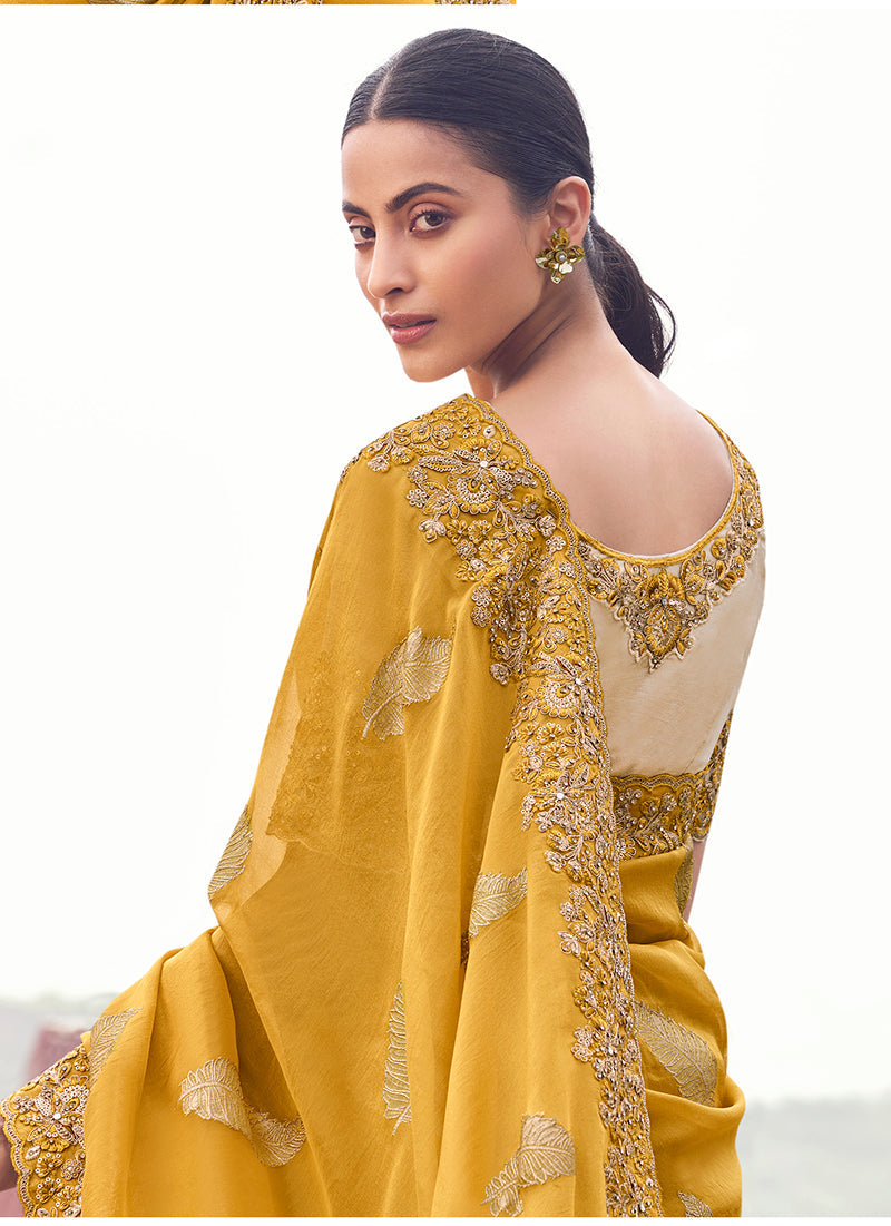 Yellow Embroidered Woven Faux Tissue Silk Saree